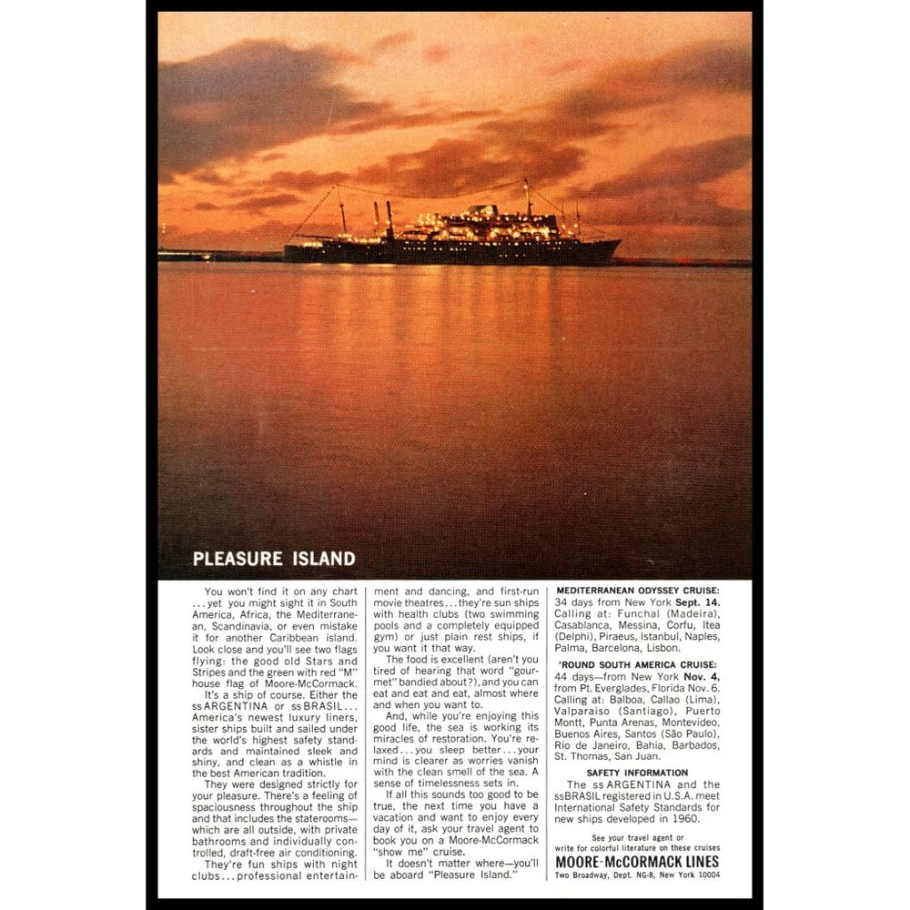1962 Moore McCormack Cruise Lines Pleasure Island Ship Vintage Print Ad Wall Art